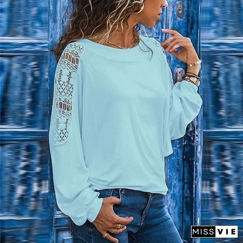 Autumn and Winter Fashion Women's Long Sleeve Plus Size Casual Tops Ladies Casual Solid Color Lace Stitching Hollow Out Loose Pullover T-shirts