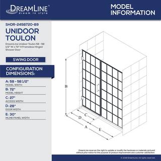 DreamLine Unidoor Toulon 58-58 12 in. W x 72 in. H Frameless Hinged Shower Door in Satin Black SHDR-2458720-89