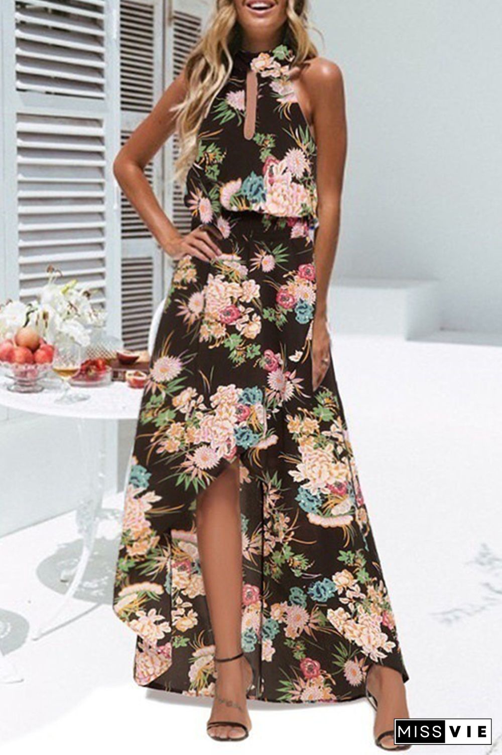 Elegant Floral Hollowed Out Halter Irregular Dresses