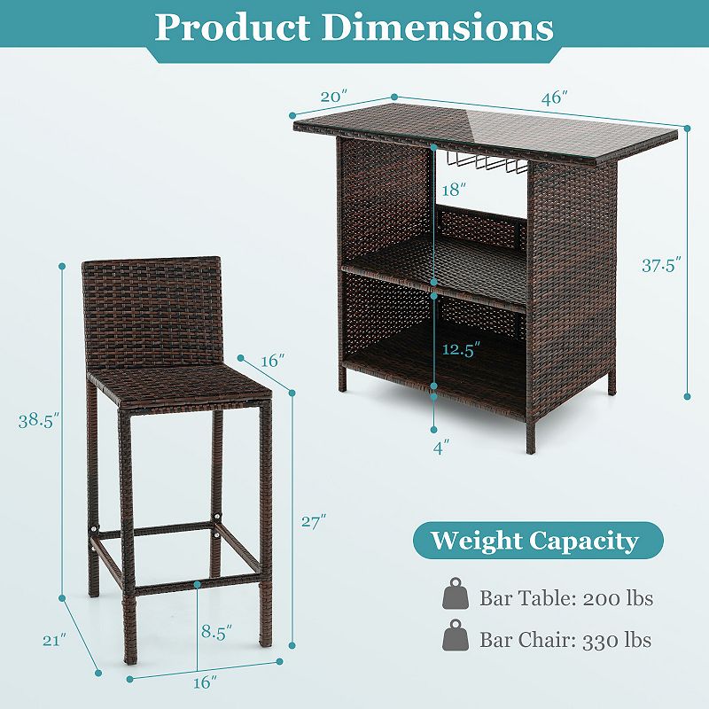 3 Pieces Outdoor Wicker Bar Set with 3 rows stemware racks