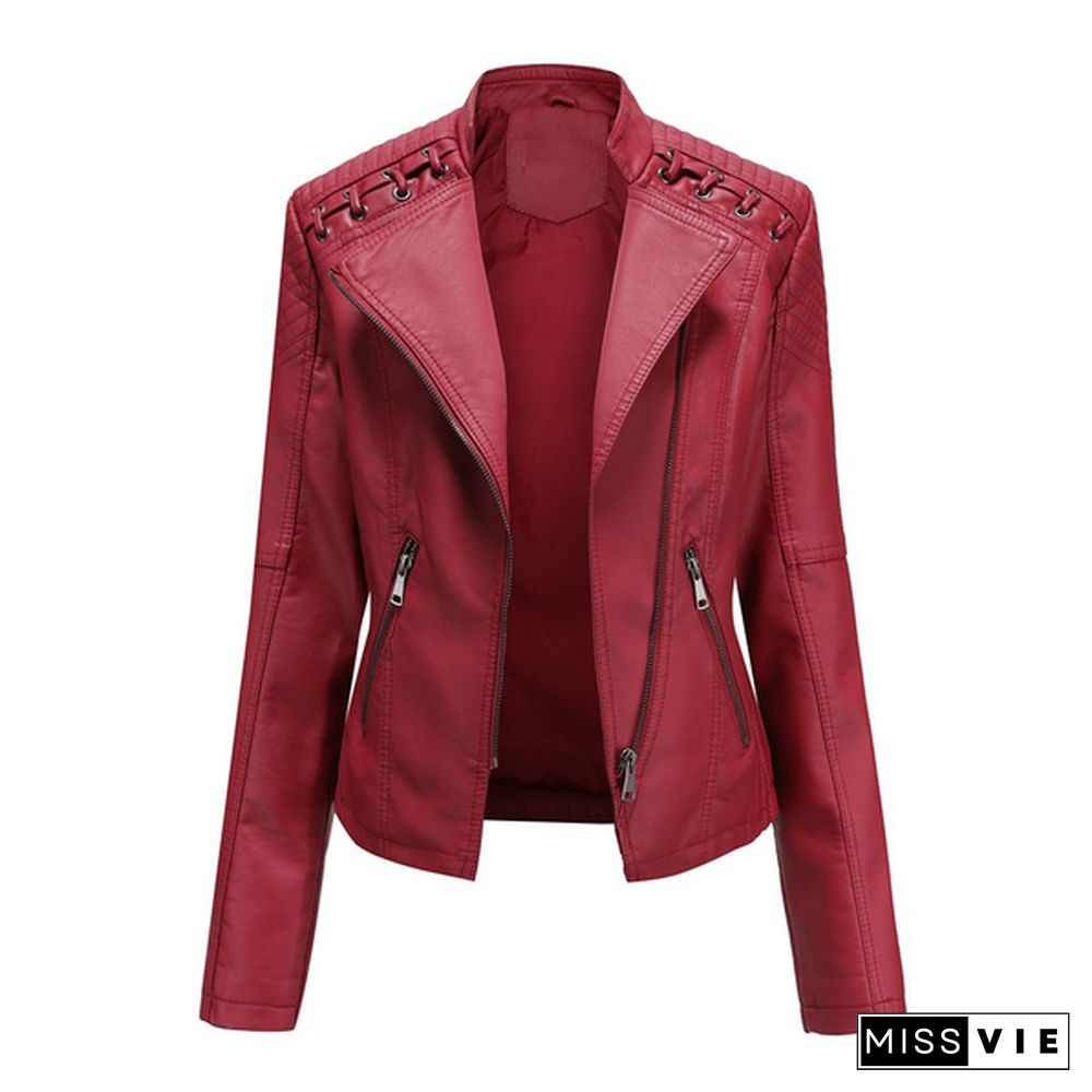 High-quality Fashion Ladies Zipper Casual PU Leather Soft Motorcycle Leather Jacket Coat