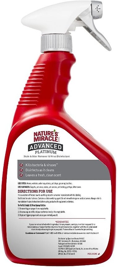 Nature's Miracle Advanced Platinum Dog Antibacterial Stain Remover and Odor Eliminator Spray， 32-oz bottle