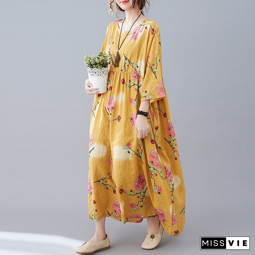 Women Summer Short Sleeve Floral Printed Sundress Casual Loose Long Dress