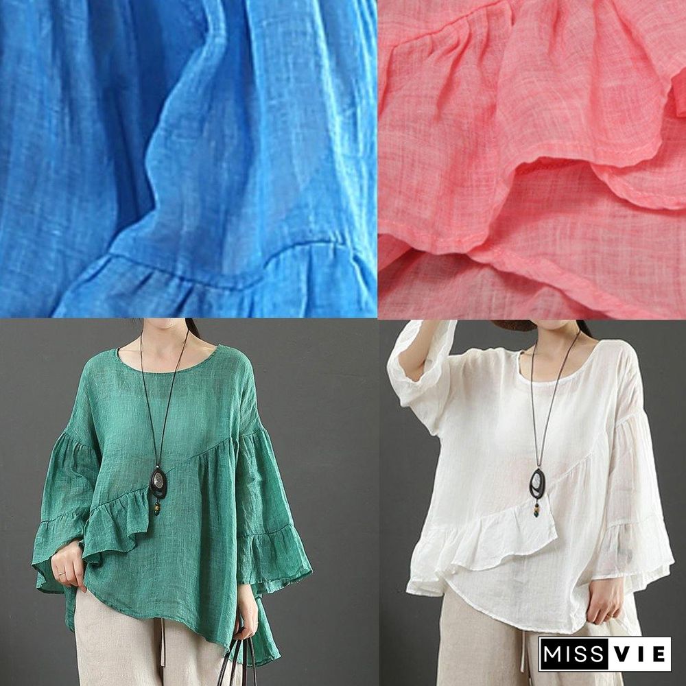 Art pink linen tops o neck Ruffles silhouette summer blouses