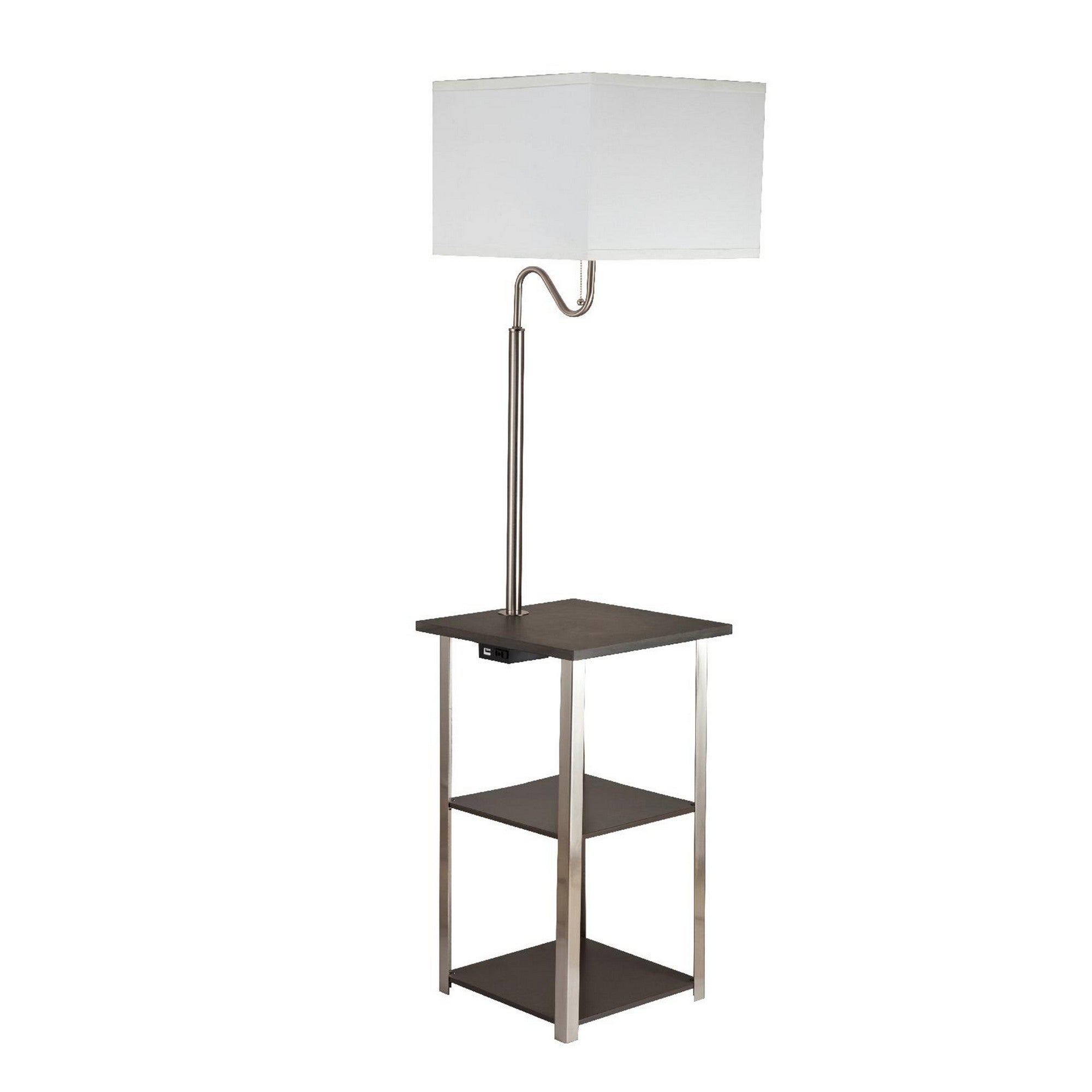 2 Shelf Wooden Side Table with Attached Floor Lamp， Silver and Brown