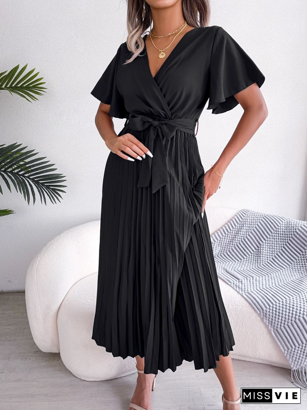 Elegant Fashion Pleated Dress For Women Summer Dresses New Cross V-Neck Lace-up Short Sleeve Solid Swing Maxi Dress