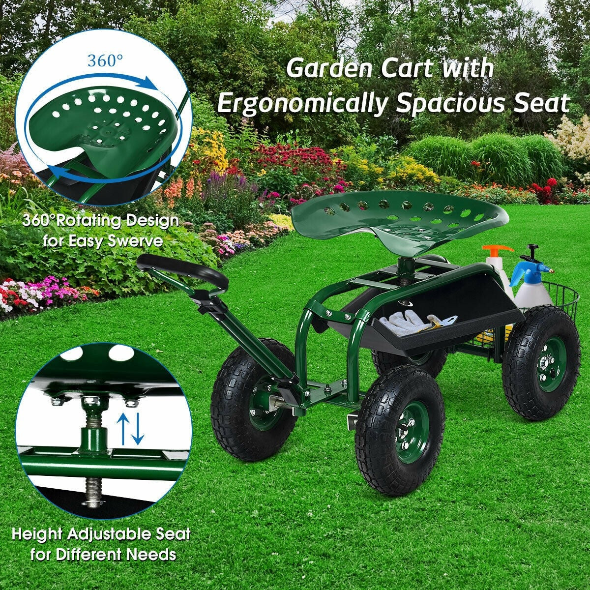 Heavy Duty Rolling Garden Cart with 360 Swivel Seat & Extendable Steer Handle