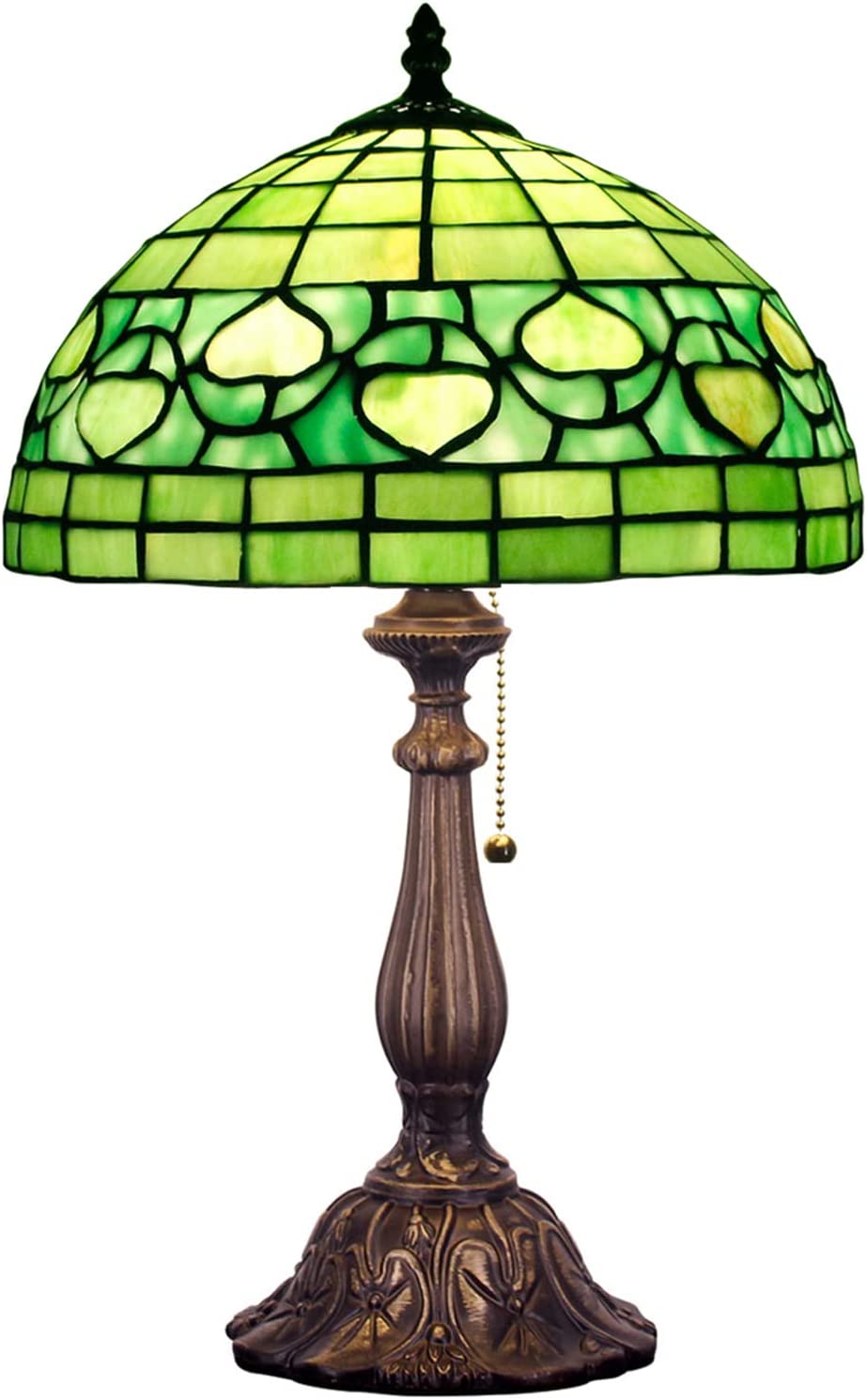 SHADY Tiffany Style Table Lamp W12H19 inch Green Stained Glass Antique Bedside Nightstand Desk Reading Lamp Work Study Desktop Light Decor Home Kids Bedroom Living Room Office Pull Chain