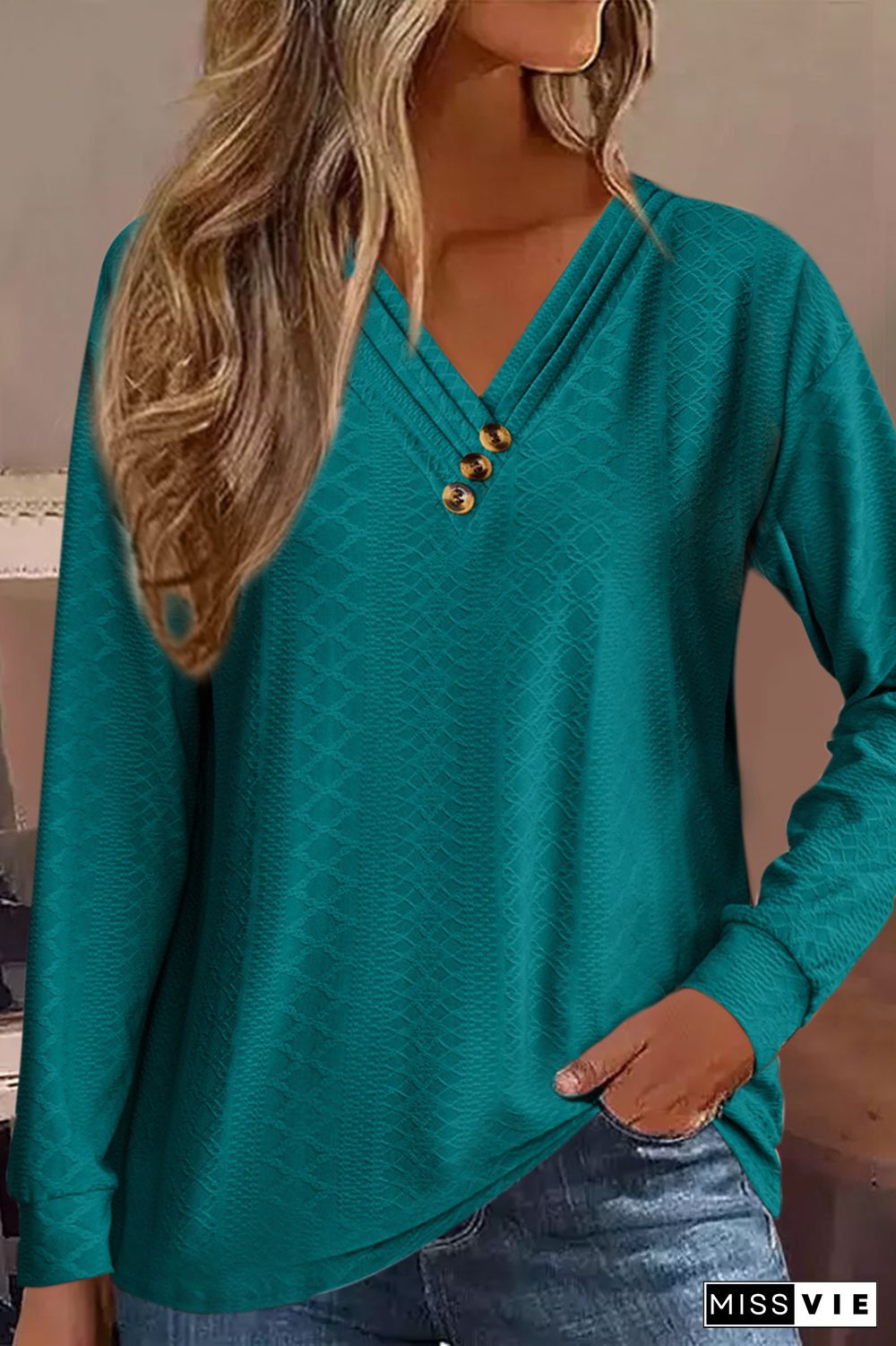 Jacquard Button Front V Neck Blouse