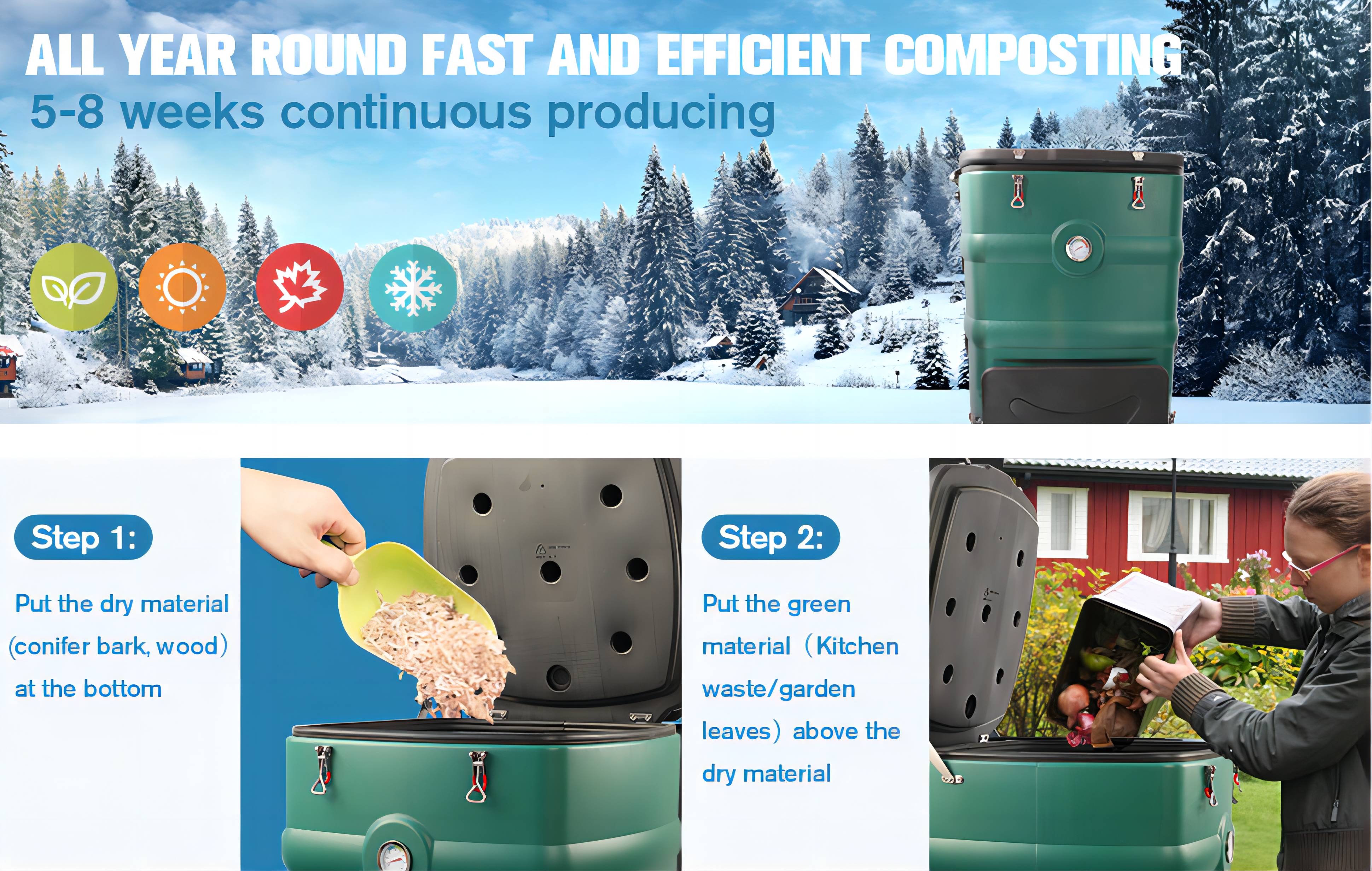 Insulated Compost Bin with Ventilation System - Quickly Composting All Year Round,A Reservoir at The Bottom Design to Collect The Leachate (Green)