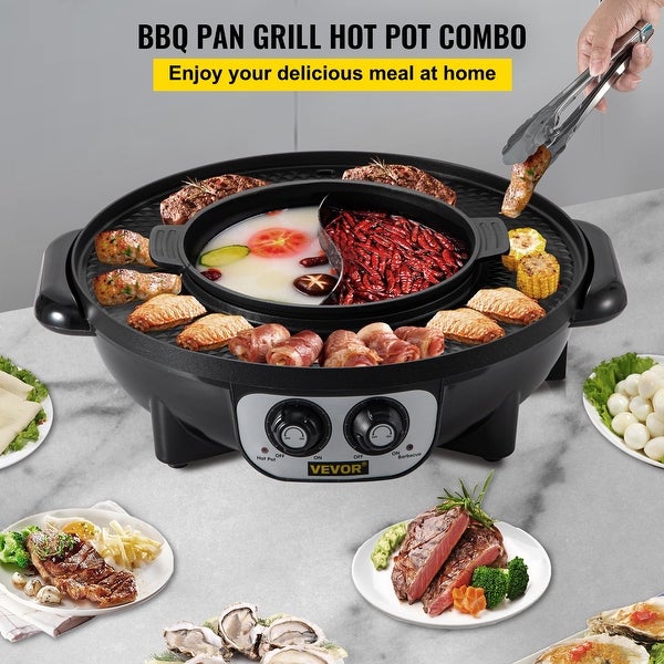 2 in 1 Electric Hot Pot and Grill， 2200W BBQ Pan Grill and Hot Pot， Multifunctional Teppanyaki Grill Pot with Dual Temp Control