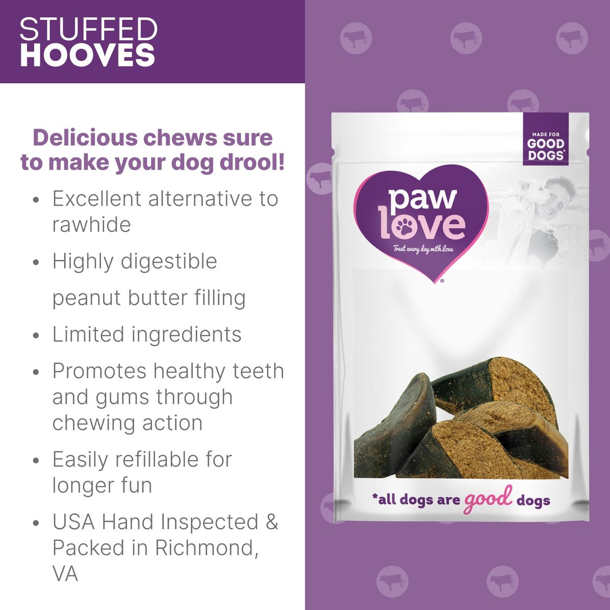 PawLove 1.5-in Peanut Butter Happy Hooves Dog Treat， 4 count