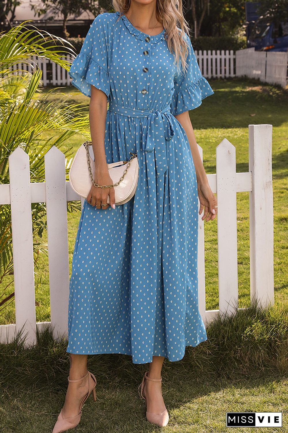 Ruffle Sleeves Polka Dot Buttoned Long Dress