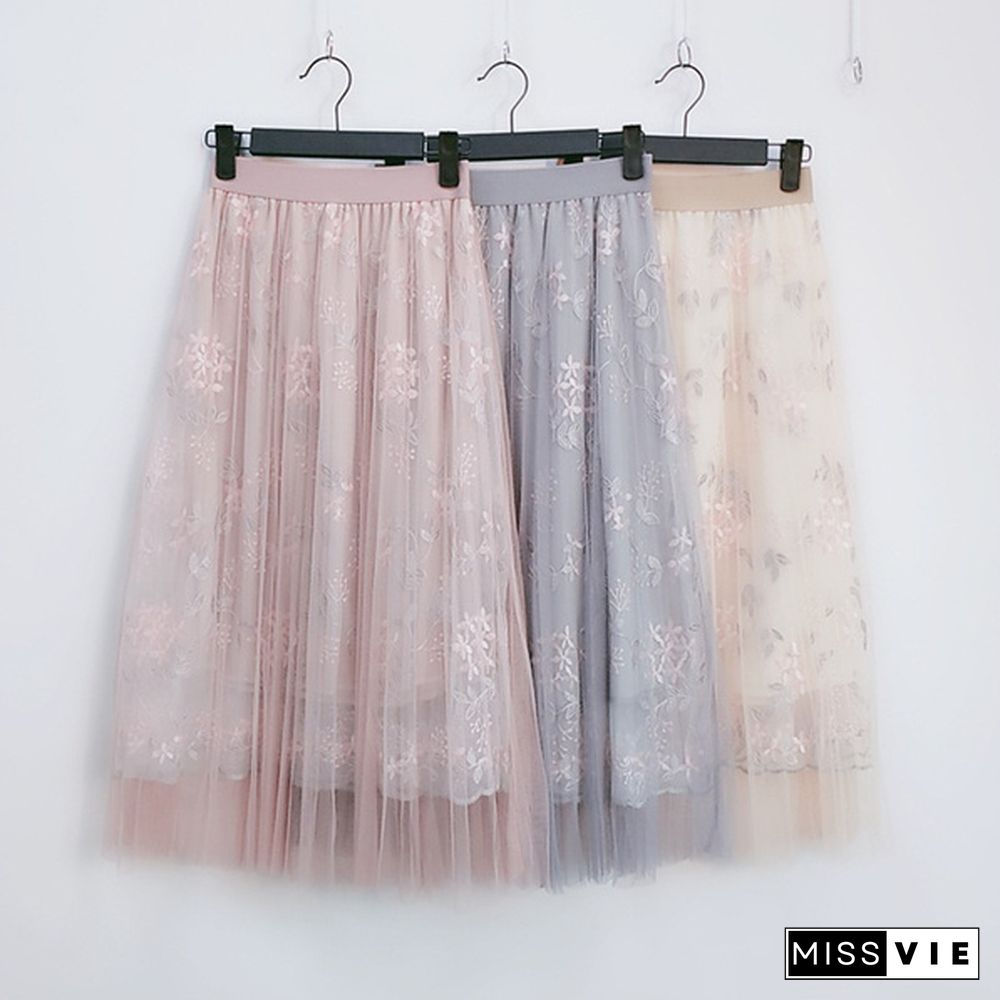 Spring And Summer Korea Mesh Skirt Skirt Heavy Work Embroidery High Waist One Word Long Skirt Fairy Skirt