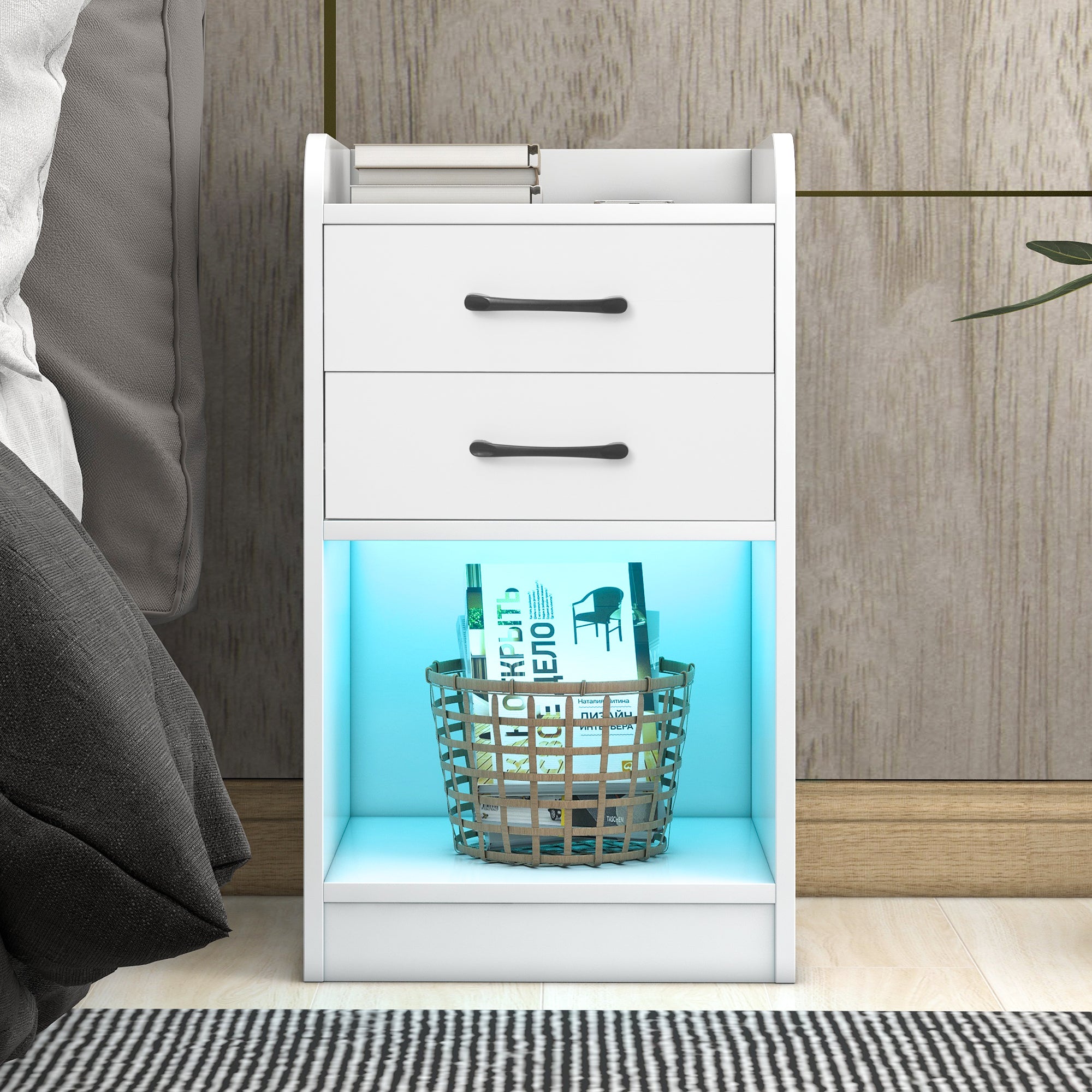 Suzicca Nightstand with 2 Drawers and Cabinet,USB Charging Ports,Wireless Charging and Remote Control -White