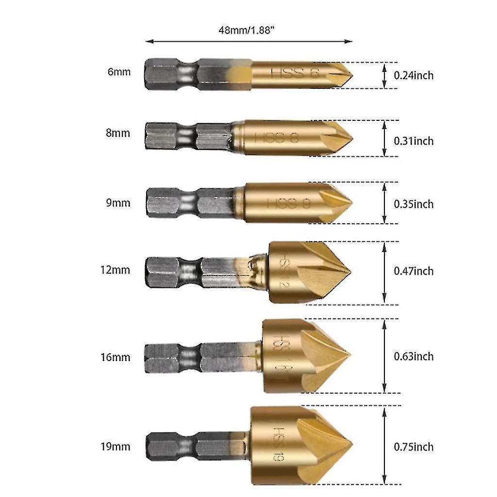 6 Pieces 90  Countersink Set， Hexagon Countersink Kit， Chamfer Cutter Contain Hole Reamer， Countersink For Woodworking Drill Bits 6mm-19mm