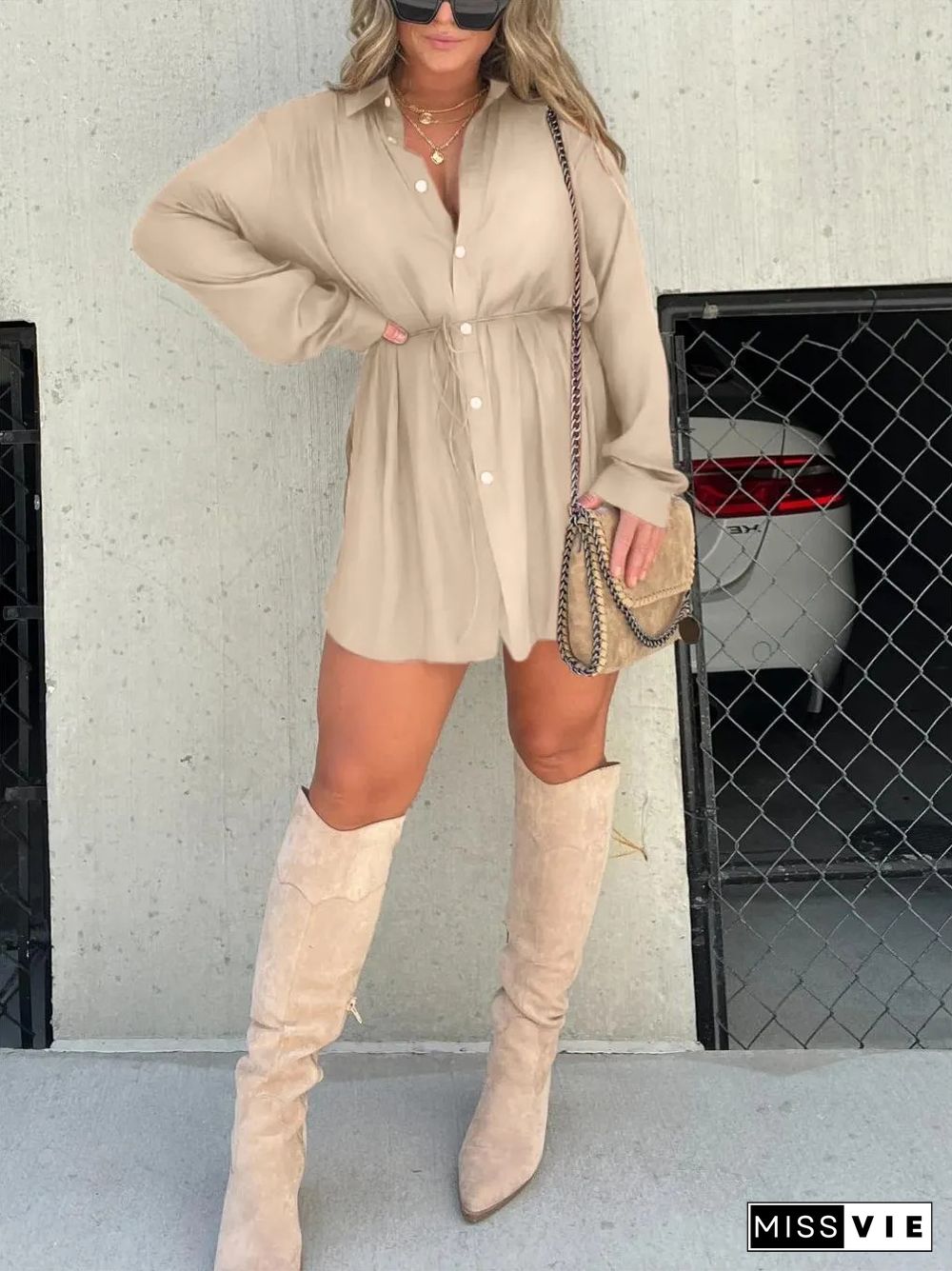 Khaki Half Sleeve V Neck Casual Dress Wholesale