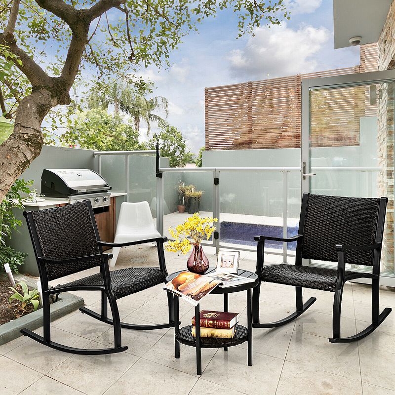 3 Pieces Patio Rattan Furniture Set with Coffee Table and Rocking Chairs