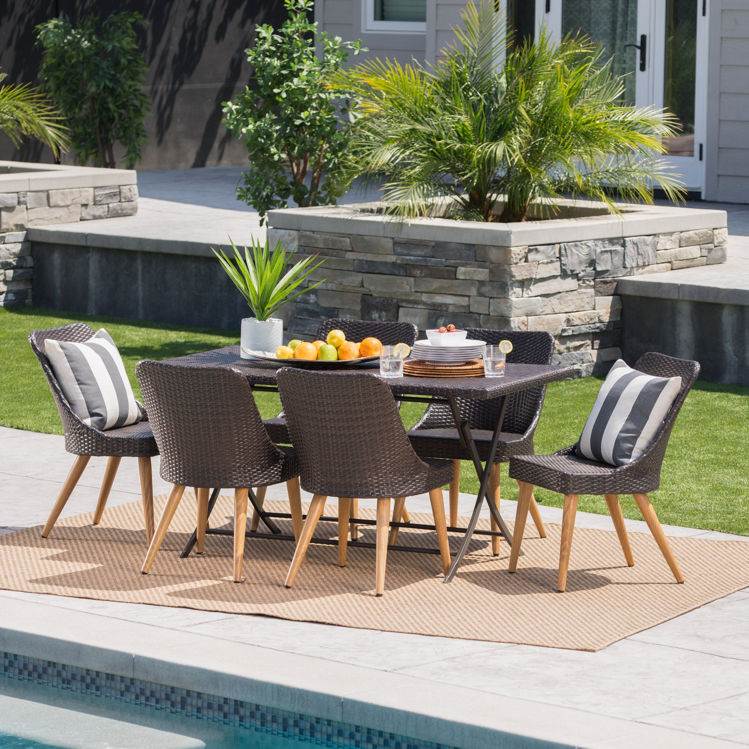 Fitzgerald Outdoor 7 Piece Multi-brown Wicker Dining Set