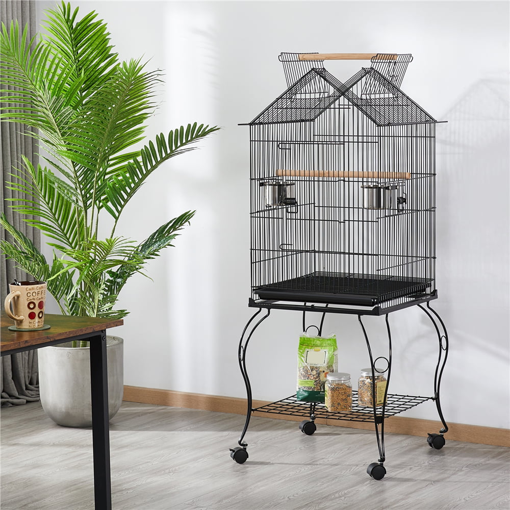 Topeakmart 57''H Open Top Metal Parrot Cage Rolling Birdcage with Perches， Black