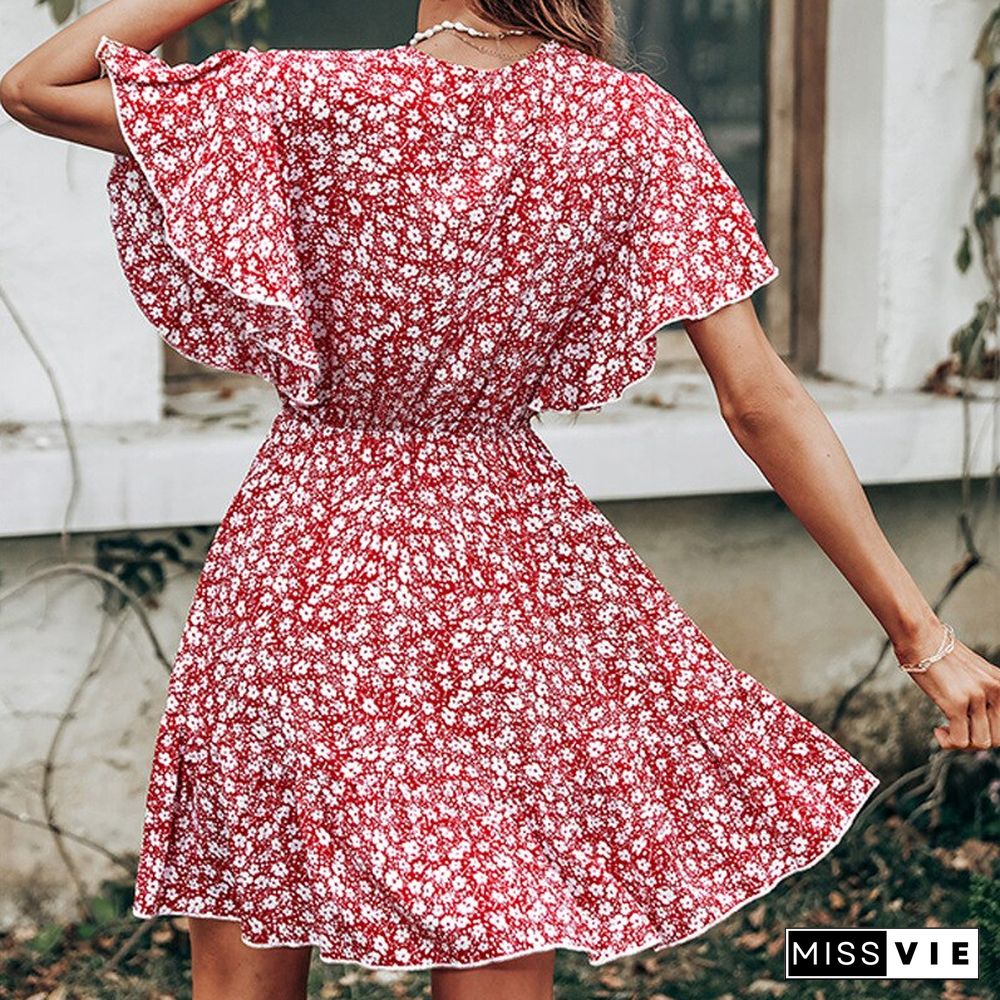 Casual Women Summer Dress New V-Neck Short Ruffle Sleeve Red Floral Print Big Swing Lace-up Elastic Waist A-line Mini Dress