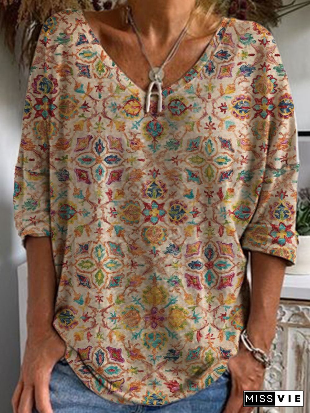 Casual V Neck Tribal Long Sleeve Tops