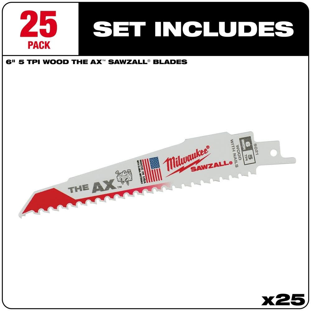 Milwaukee 6 in. 5 TPI The Ax SAWZALL Blade 25PK 48-00-8021 from Milwaukee