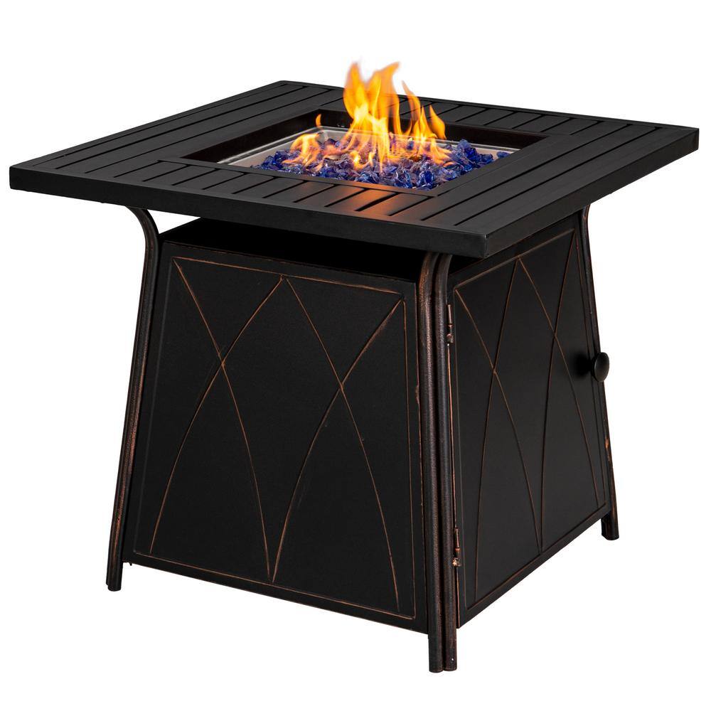 PHI VILLA 28.3 in. x 24.8 in. 50000 BTU Square Metal Gas Fire Pit Table with Lid and Blue Fire Glass THD-E02GS001