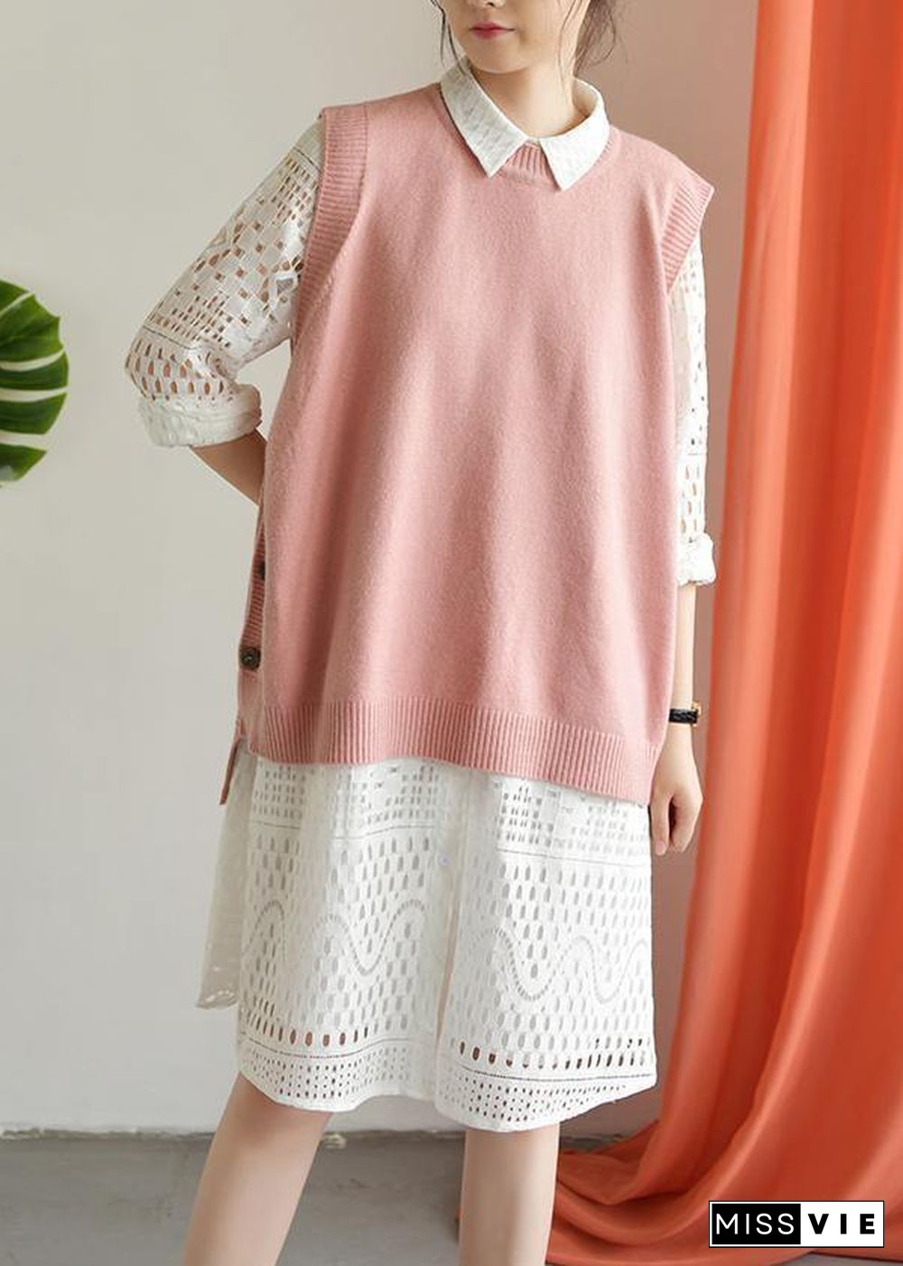 For Spring pink clothes plus size o neck knit tops low high design