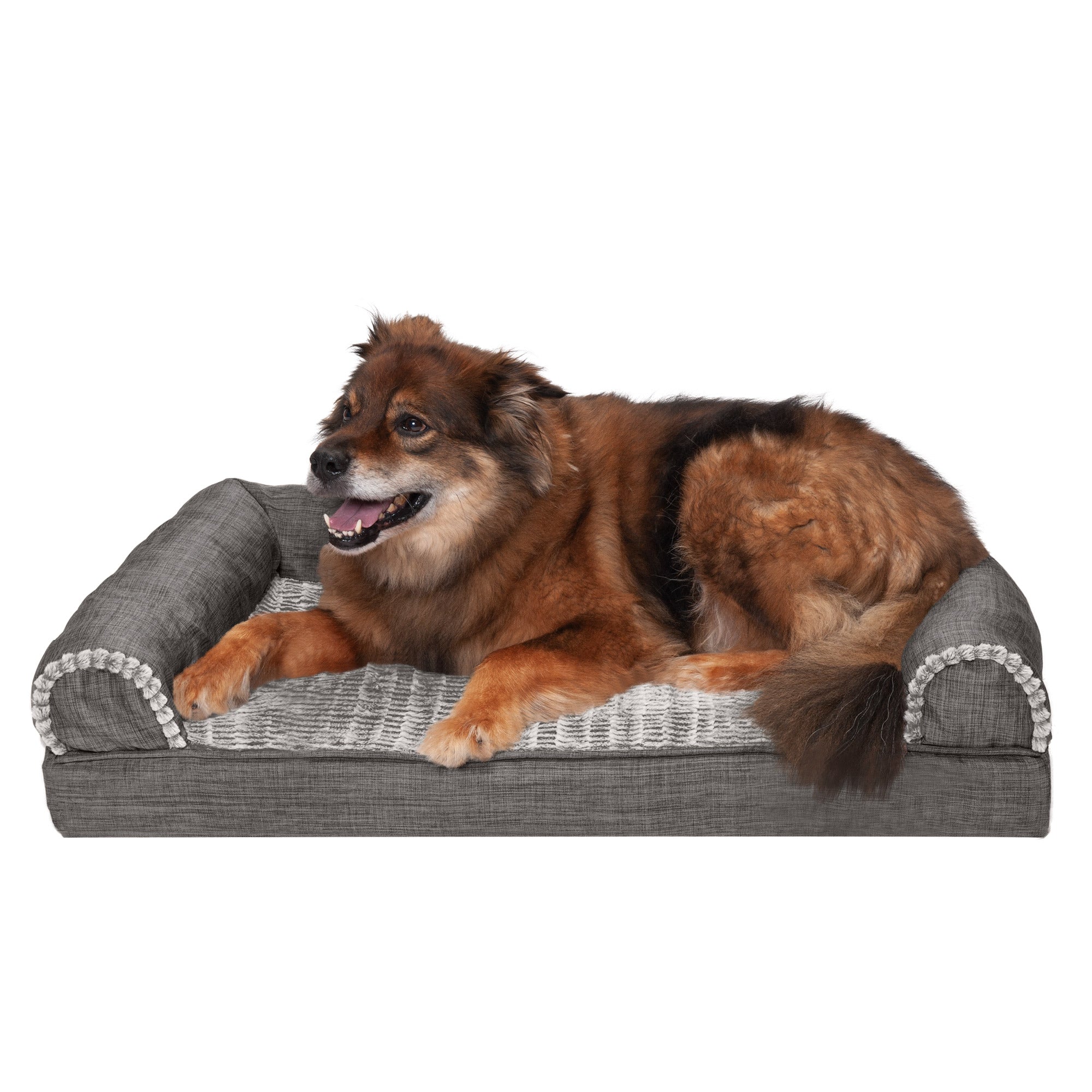 FurHaven Pet Products Cooling Gel Memory Foam Orthopedic Luxe Fur and Performance Linen Sofa-Style Couch Pet Bed for Dogs and Cats， Charcoal， Large