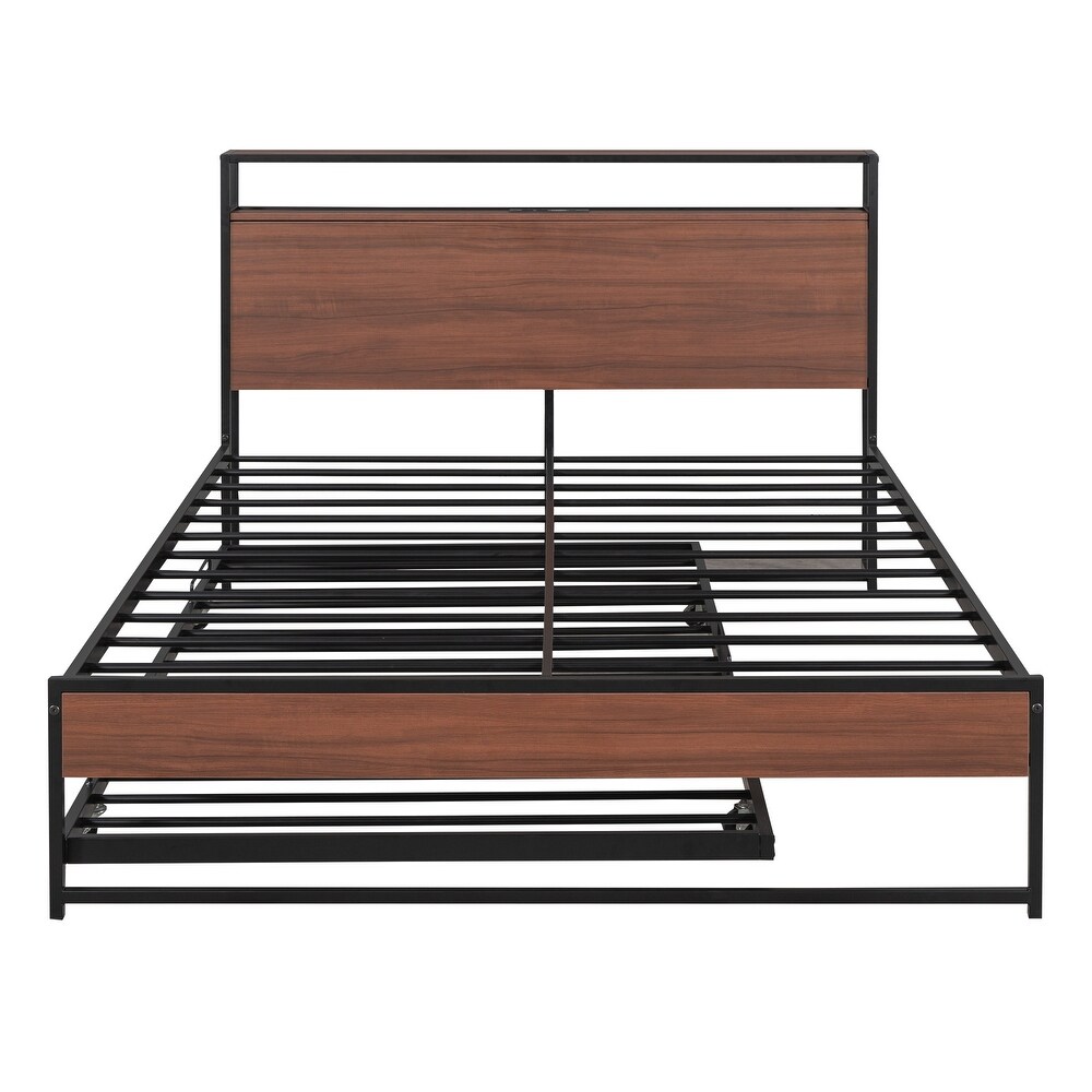 Classic Elegant Full Size Metal Platform Bed Frame with Trundle  USB Ports