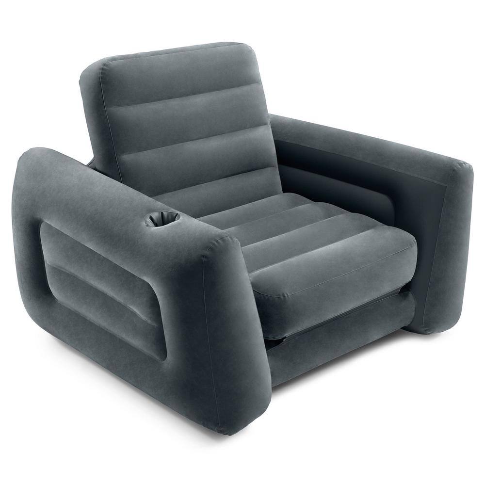 Intex Queen Size Inflatable Pull-Out Sofa Bed Couch and Chair Sleeper Dark Gray 66552EP + 2 x 66551EP