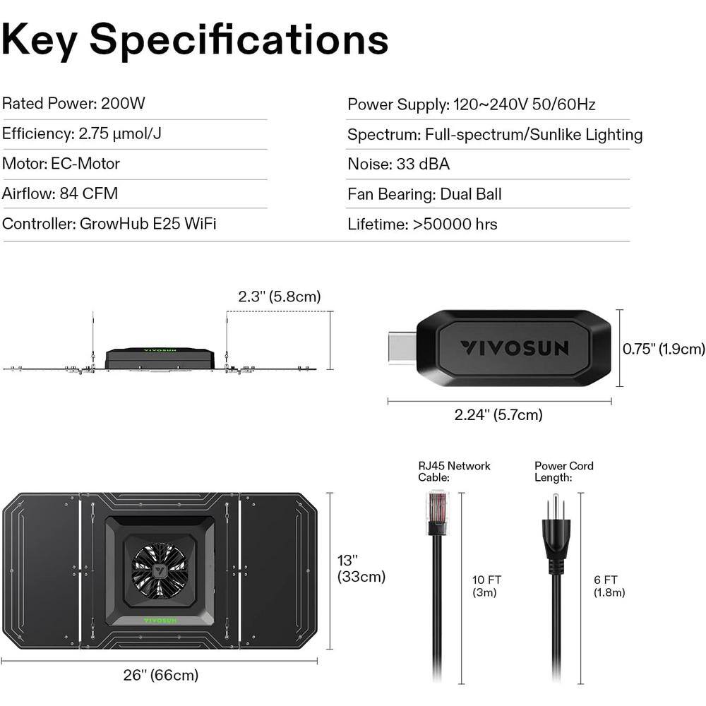VIVOSUN AeroLight 13 in. 200-Watt LED Grow Light with Integrated Circulation Fan and GrowHub Controller E25 Warm White wal-VSA200SE-25