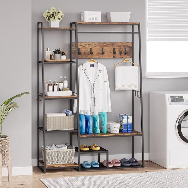 71in Industrial Freestanding Closet Organizer， Clothes Rack Hall Tree with Storage Bench