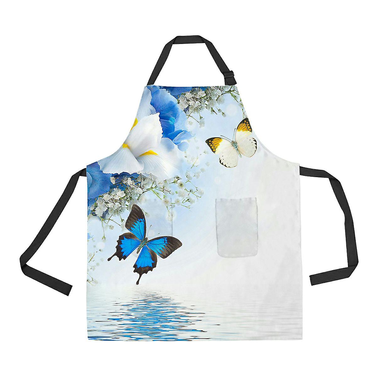 Flowers Butterfly Blue Hydrangeas White Irises Apron Home Kitchen Apron With Pockets