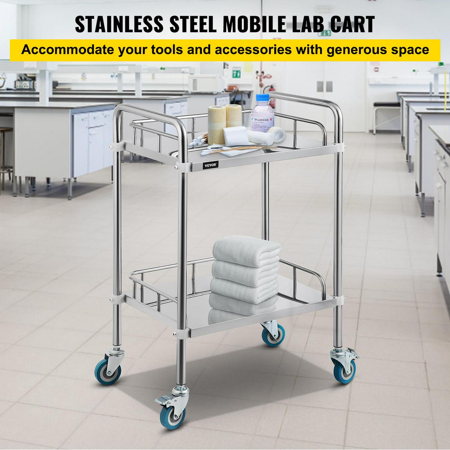 VEVORbrand 2-Shelf Lab Cart with Wheelsi 1/4 Stainless Steel Rolling Carti 1/4 Medical Dental Lab Carti 1/4 2 Lockable Wheels for Fixing