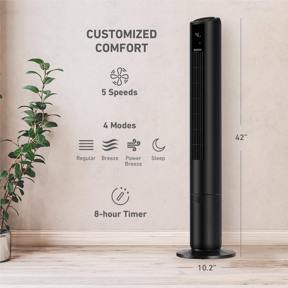 Holmes SmartConnect 42 in. Oscillating 5 Speed Wi-Fi Digital Tower Fan Black with ClearRead Display and Remote Control 12078