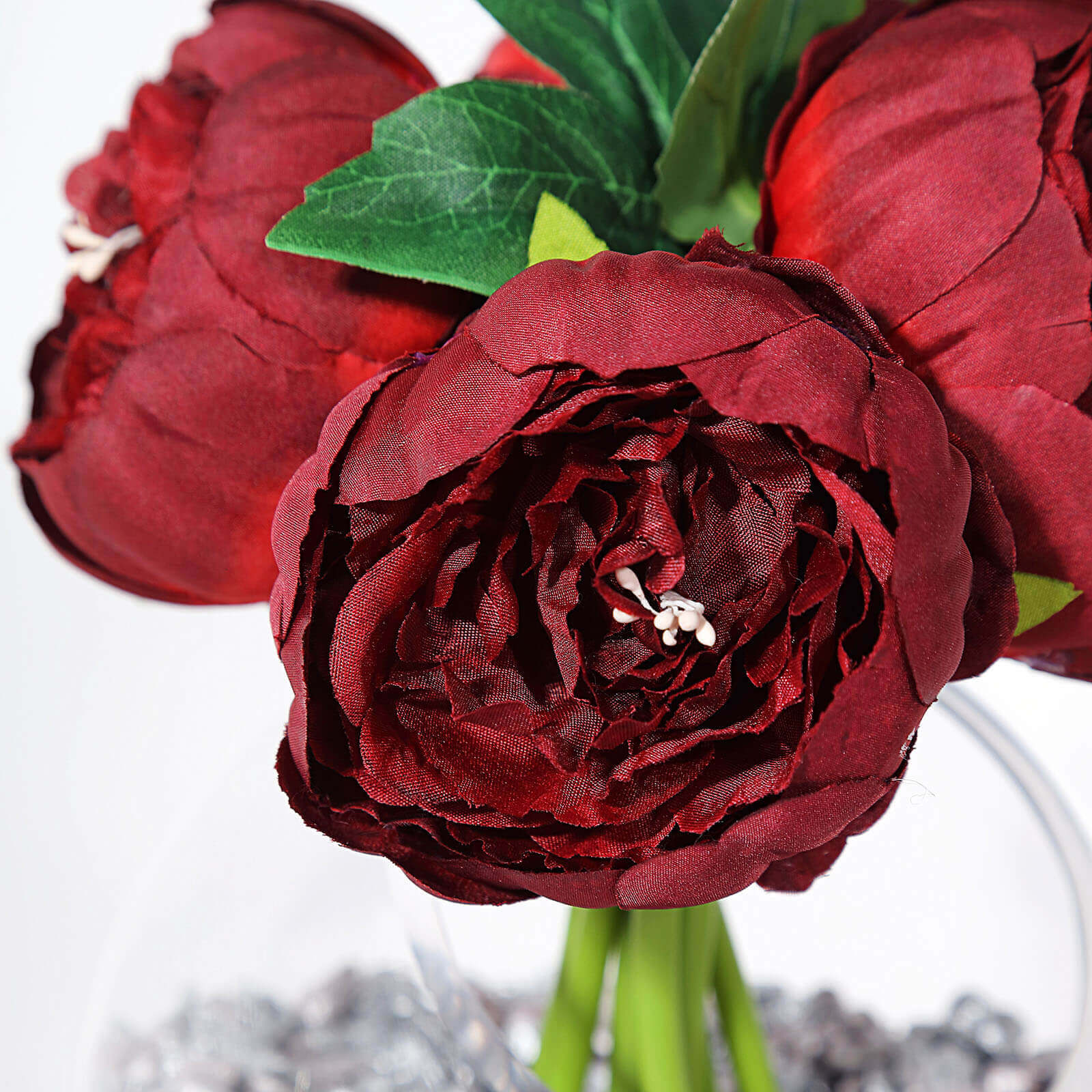 5 Flower Head Burgundy Peony Bouquet Artificial Silk Peonies Spray