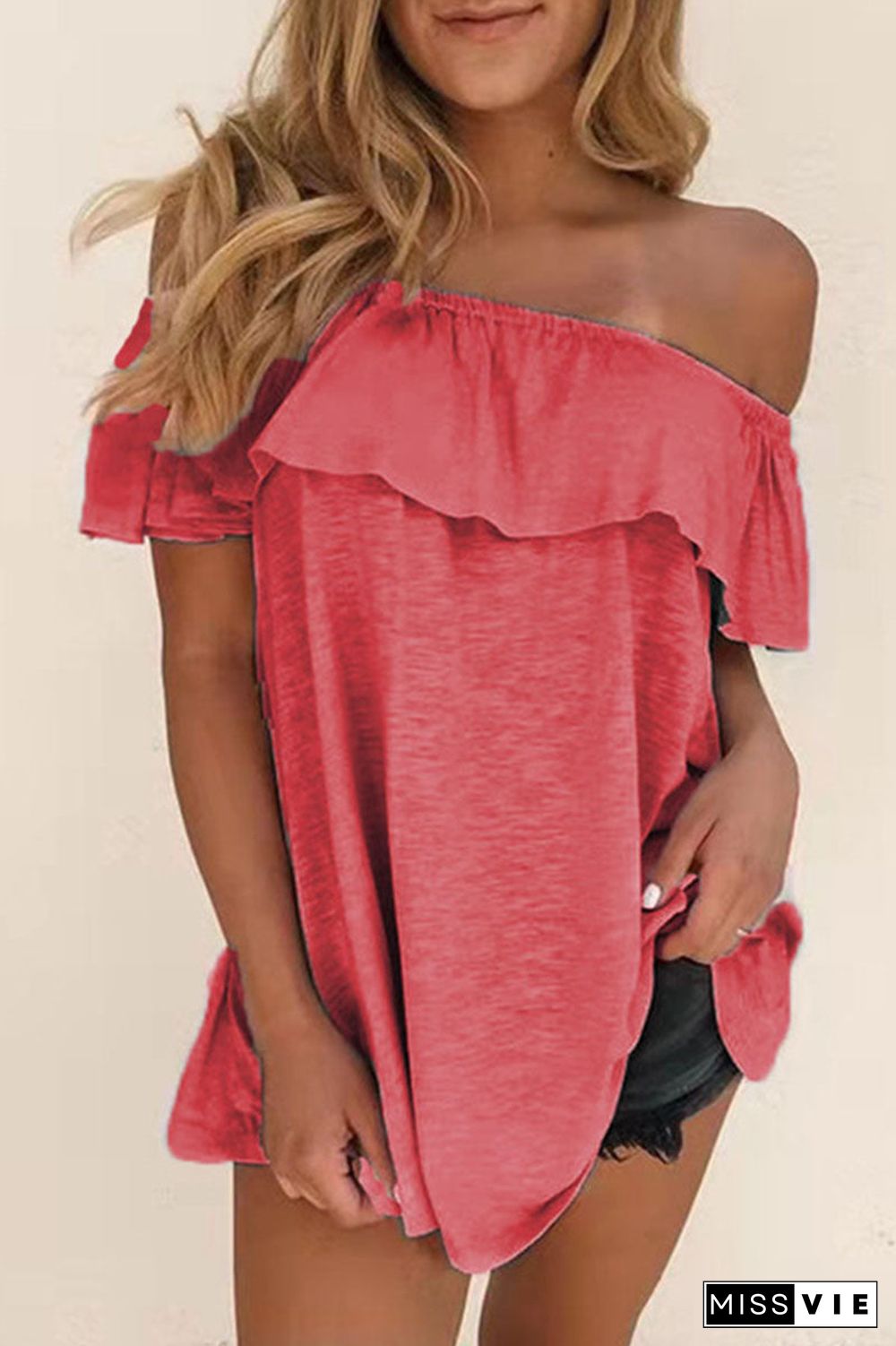 Fashion Casual Solid Split Joint Off the Shoulder T-Shirts(7 colors)