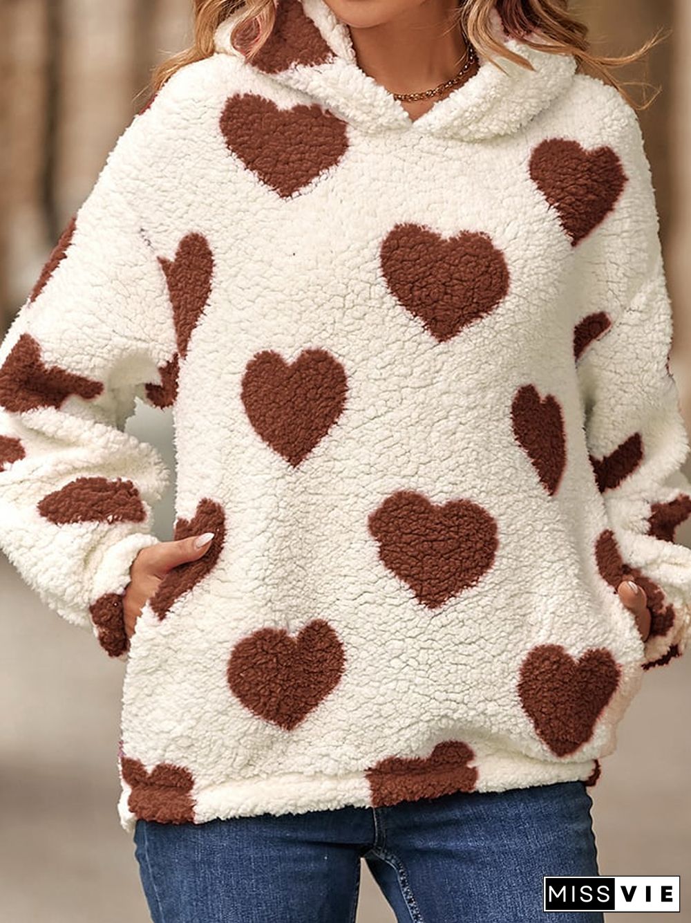 Women's Fashion Loose Pocket Love Print Plush Hoodie