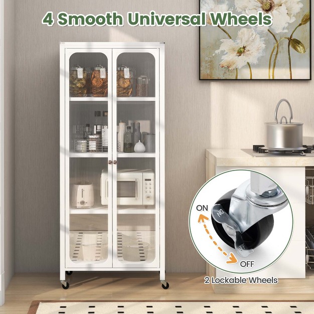 Costway Storage Cabinet With Wheels amp 2 Translucent Doors Adjustable Shelves Sideboard