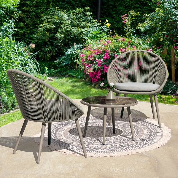 Outdoor 3 Pieces Patio Woven Rope Bistro Set with Cushions