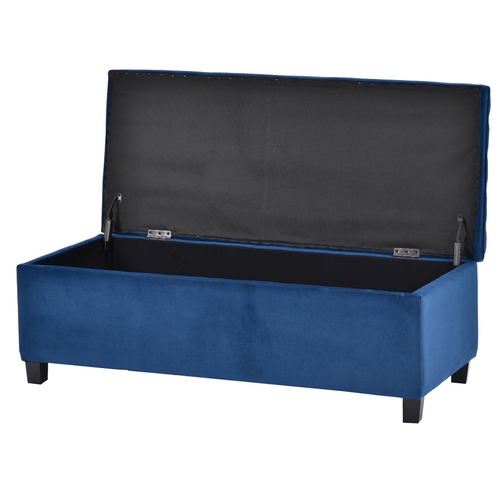 Blue Button Tufted Ottoman w/ Storage Bench Upholstered Fabrics