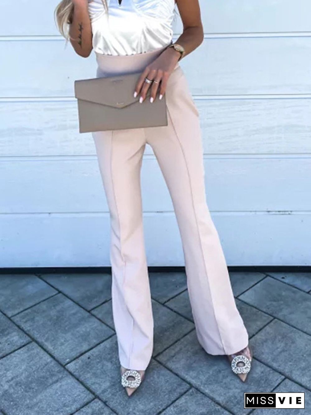 Simple Office Commuter Casual Pants Summer Fashion Street Flared Pants Spring Ladies Elegant Solid Slim High Waisted Pants