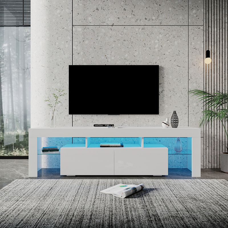 FC Design Modern gloss white TV Stand for 80 inch TV ， 20 Colors LED TV Stand w/Remote Control Lights