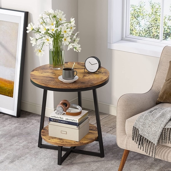 2 Tier Industrial Round Side End Table with Storage Living Room