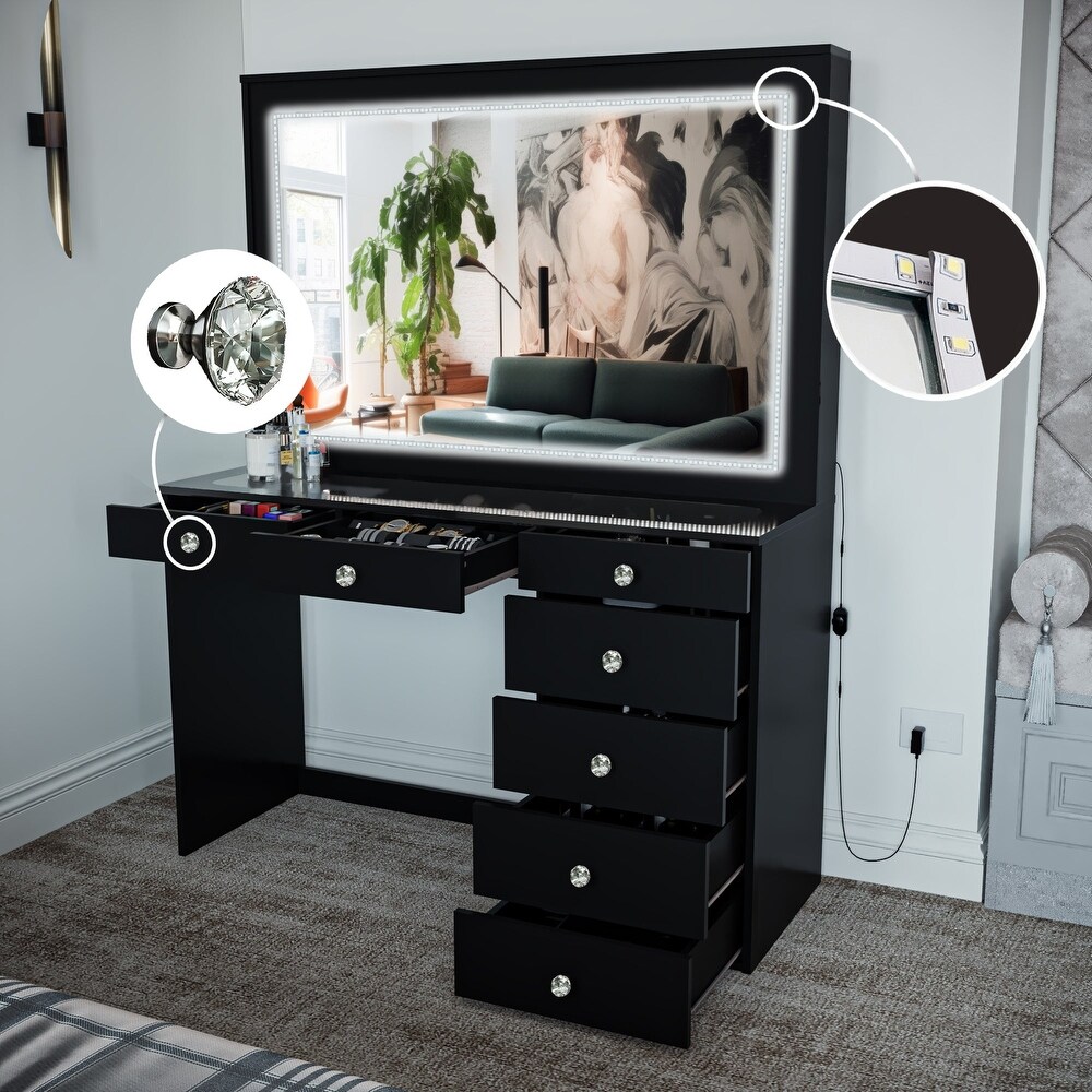 Boahaus Theia Modern Black Vanity Desk  7 Drawers
