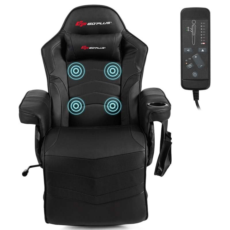 PU Leather Massage Gaming Chair, Ergonomic High Back Racing Style Gaming Recliner with Adjustable Backrest & Footrest, Cup Holder, Side Pouch