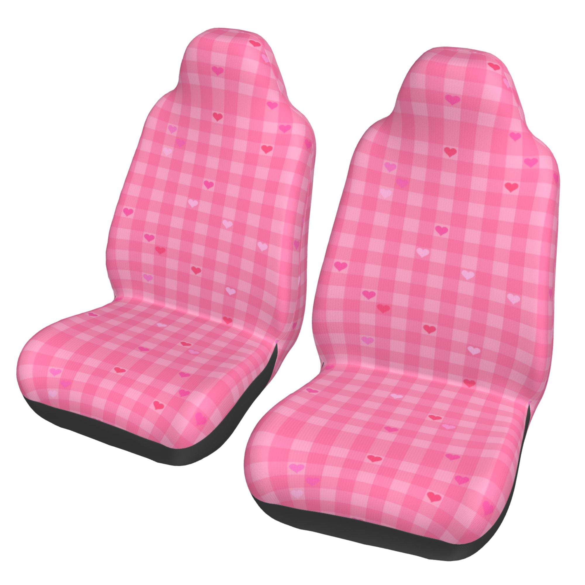 Easy to Install Car Universal Seat Cover， Pink Hearts Checkered Four Seasons Universal Front Seat Cover， 2-Piece