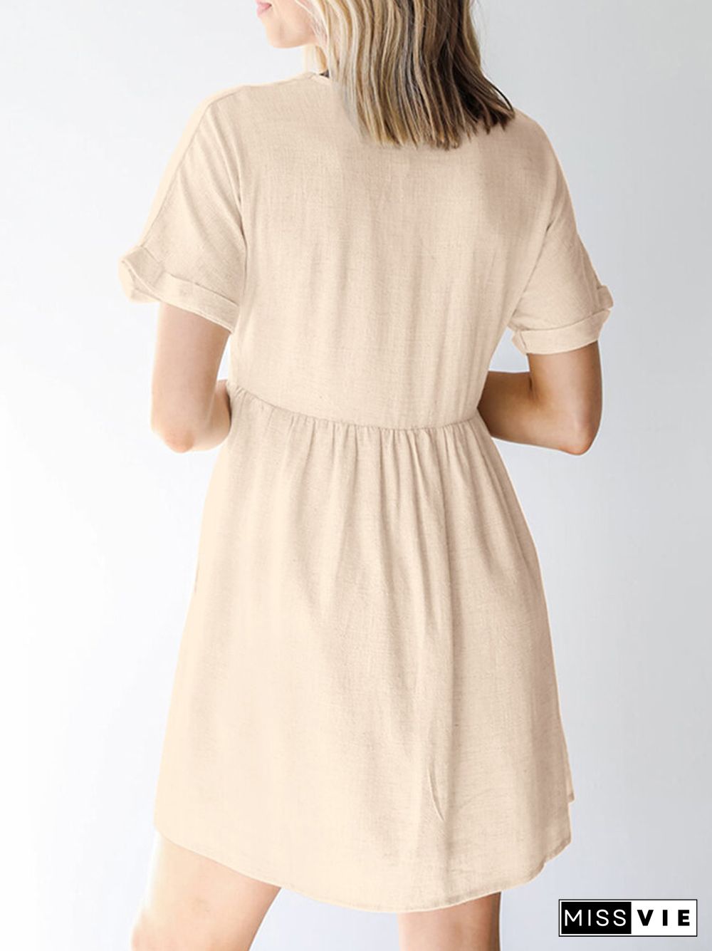 High Waist Solid Button Front Rolled Short Sleeve Dress